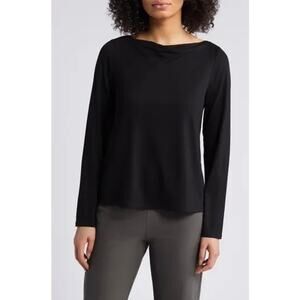 EILEEN FISHER Long Sleeve Cowl Neck Top Womens XS Black Fine Jersey Stretch NEW
